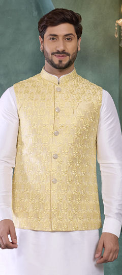 Yellow color Nehru Jacket in Art Silk fabric with Embroidered work