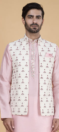 Beige and Brown color Nehru Jacket in Art Silk fabric with Embroidered, Mirror work