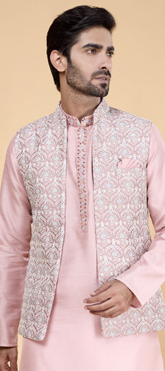 Pink and Majenta color Nehru Jacket in Art Silk fabric with Embroidered, Mirror work
