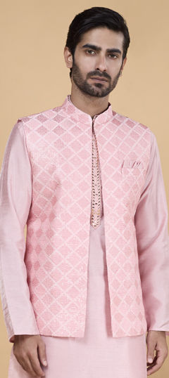 Pink and Majenta color Nehru Jacket in Art Silk fabric with Embroidered, Mirror work