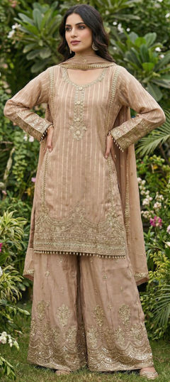 Beige and Brown color Salwar Kameez in Jacquard, Viscose fabric with Embroidered, Thread work