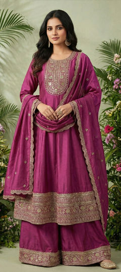 Pink and Majenta color Salwar Kameez in Chinon Silk fabric with Embroidered, Sequence, Thread, Zari work