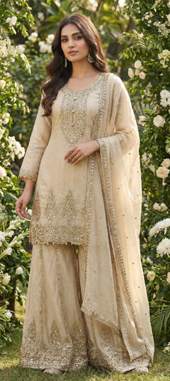 Beige and Brown color Salwar Kameez in Jacquard, Viscose fabric with Embroidered, Sequence work