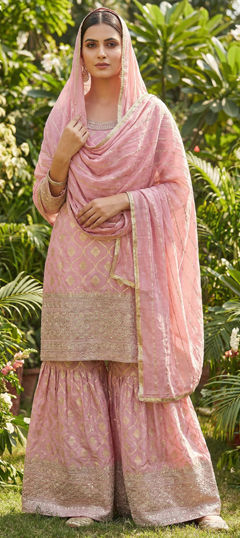 Pink and Majenta color Salwar Kameez in Jacquard, Viscose fabric with Embroidered, Sequence work