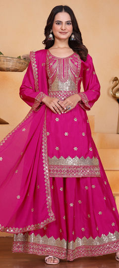Pink and Majenta color Salwar Kameez in Chinon Silk fabric with Embroidered, Sequence work