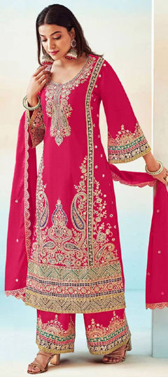Pink and Majenta color Salwar Kameez in Chinon Silk fabric with Embroidered, Sequence, Thread, Zari work