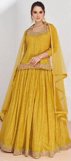 Yellow color Long Lehenga Choli in Chinon Silk fabric with Embroidered, Lace, Resham, Sequence, Thread work