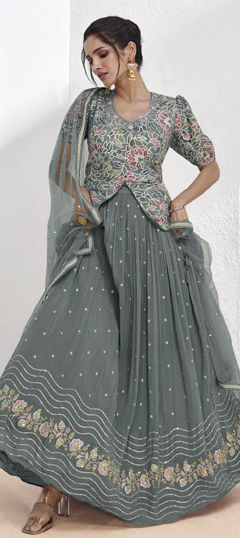 Black and Grey color Long Lehenga Choli in Faux Georgette fabric with Sequence work
