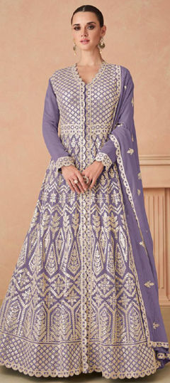 Purple and Violet color Salwar Kameez in Faux Georgette fabric with Embroidered, Sequence, Thread work