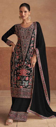 Black and Grey color Salwar Kameez in Chinon Silk fabric with Embroidered, Resham, Sequence, Thread work