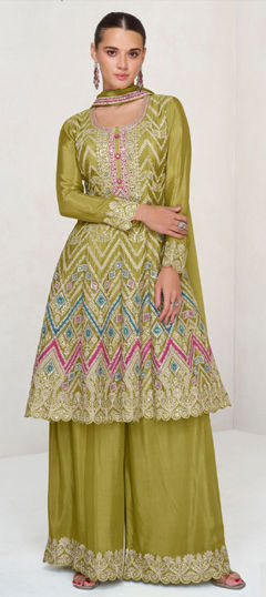 Green color Salwar Kameez in Chinon Silk fabric with Embroidered, Resham, Sequence, Thread work