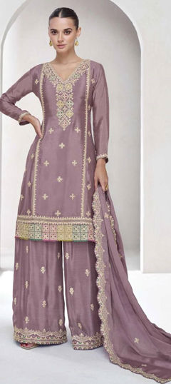 Purple and Violet color Salwar Kameez in Chinon Silk fabric with Embroidered, Sequence, Thread, Zari work