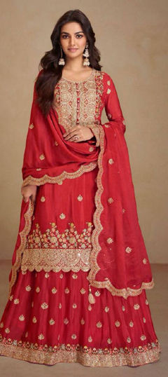 Red and Maroon color Long Lehenga Choli in Chinon Silk fabric with Embroidered, Resham, Sequence, Thread, Zari work