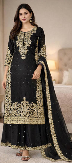 Black and Grey color Salwar Kameez in Art Silk fabric with Embroidered, Moti, Sequence work