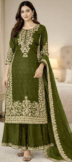 Green color Salwar Kameez in Art Silk fabric with Embroidered, Moti, Sequence work