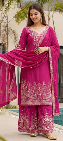Pink and Majenta color Salwar Kameez in Chinon Silk fabric with Embroidered, Thread work