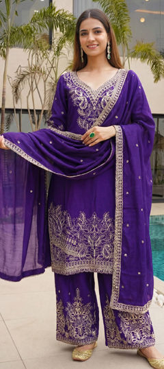 Purple and Violet color Salwar Kameez in Chinon Silk fabric with Embroidered, Thread work