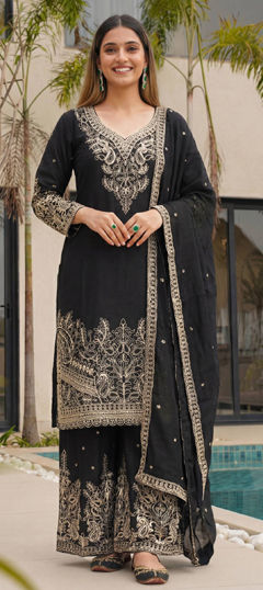 Black and Grey color Salwar Kameez in Chinon Silk fabric with Embroidered, Thread work
