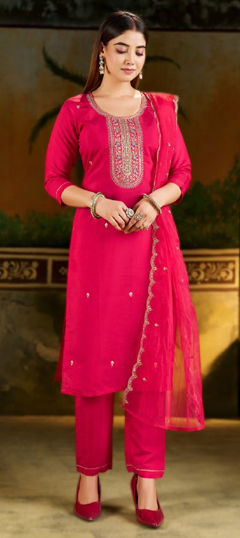Pink and Majenta color Salwar Kameez in Blended fabric with Embroidered work