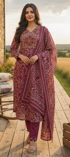 Pink and Majenta color Salwar Kameez in Silk cotton fabric with Embroidered, Floral work