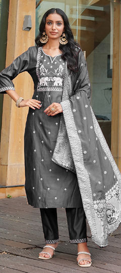 Black and Grey color Salwar Kameez in Silk cotton fabric with Embroidered, Resham, Thread work