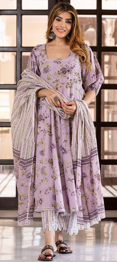 Purple and Violet color Salwar Kameez in Cotton fabric with Floral, Printed work