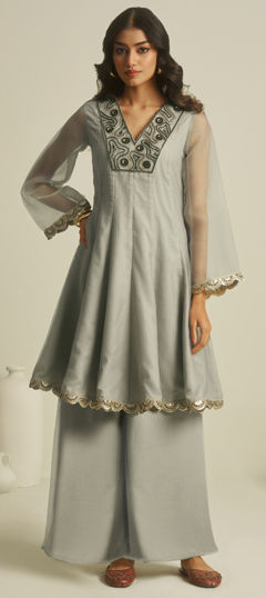 Black and Grey color Salwar Kameez in Tissue fabric with Embroidered, Sequence work