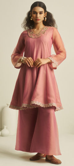 Pink and Majenta color Salwar Kameez in Tissue fabric with Embroidered, Sequence work