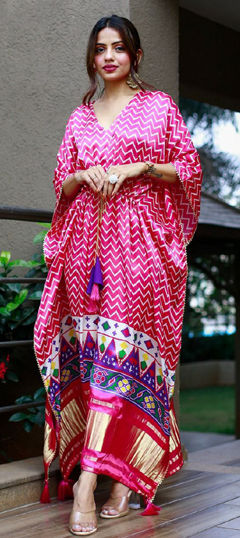 Pink and Majenta color Kaftan in Satin Silk fabric with Printed work