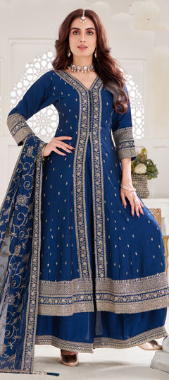 Blue color Salwar Kameez in Silk fabric with Embroidered, Sequence, Thread, Zari work