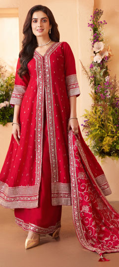 Red and Maroon color Salwar Kameez in Silk fabric with Embroidered, Sequence, Thread work