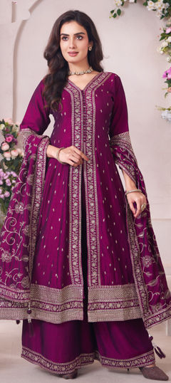 Purple and Violet color Salwar Kameez in Silk fabric with Embroidered, Sequence, Thread, Zari work
