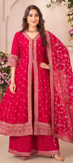 Red and Maroon color Salwar Kameez in Silk fabric with Embroidered, Sequence, Thread, Zari work