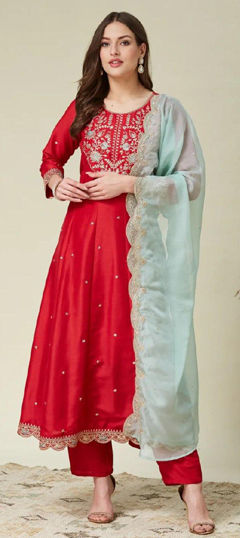 Red and Maroon color Salwar Kameez in Silk fabric with Embroidered work