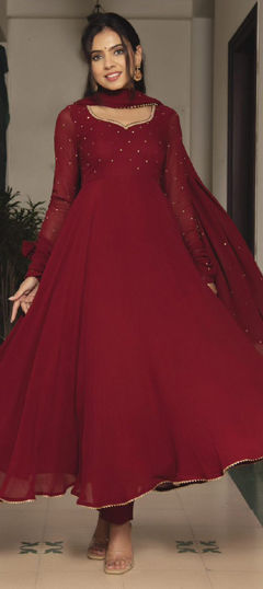 Red and Maroon color Gown in Georgette fabric with Sequence work