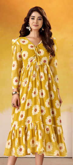 Yellow color Kurti in Faux Georgette fabric with Floral, Printed work