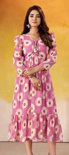 Pink and Majenta color Kurti in Faux Georgette fabric with Floral, Printed work