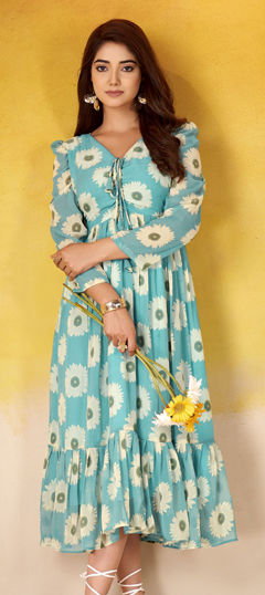 Blue color Kurti in Faux Georgette fabric with Floral, Printed work