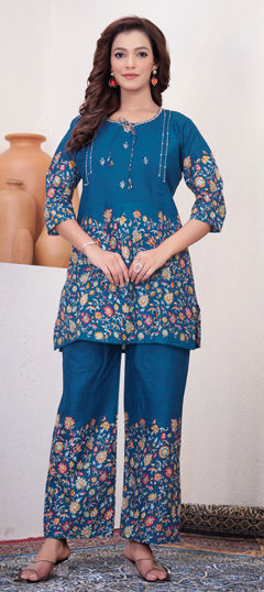 Blue color Co-ords Set in Cotton fabric with Printed, Thread work