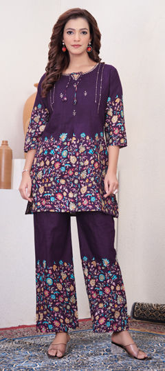 Purple and Violet color Co-ords Set in Cotton fabric with Printed, Thread work