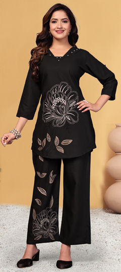 Black and Grey color Co-ords Set in Rayon, Viscose fabric with Embroidered work