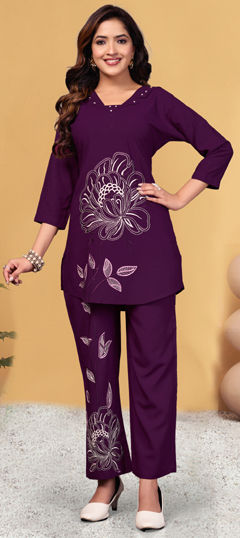 Purple and Violet color Co-ords Set in Rayon, Viscose fabric with Embroidered work