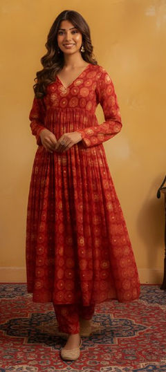 Red and Maroon color Salwar Kameez in Art Silk fabric with Printed work