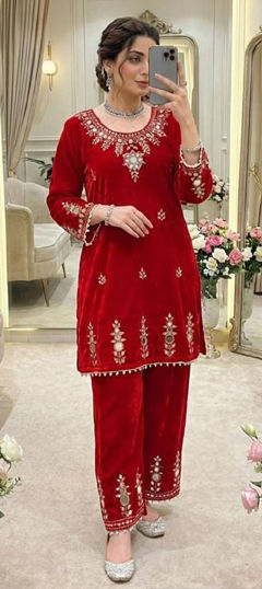 Red and Maroon color Salwar Kameez in Velvet fabric with Embroidered, Sequence, Thread work