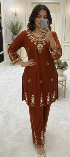 Beige and Brown color Salwar Kameez in Velvet fabric with Embroidered, Sequence, Thread work