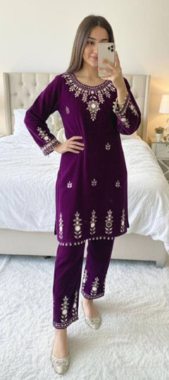 Purple and Violet color Salwar Kameez in Velvet fabric with Embroidered, Sequence, Thread work