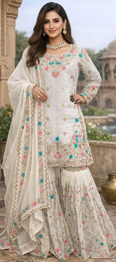 White and Off White color Salwar Kameez in Silk fabric with Moti, Sequence, Thread work