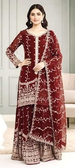 Red and Maroon color Salwar Kameez in Silk fabric with Sequence work