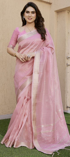 Pink and Majenta color Saree in Linen fabric with Weaving work