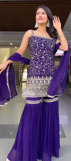 Purple and Violet color Salwar Kameez in Faux Georgette fabric with Sequence, Thread work